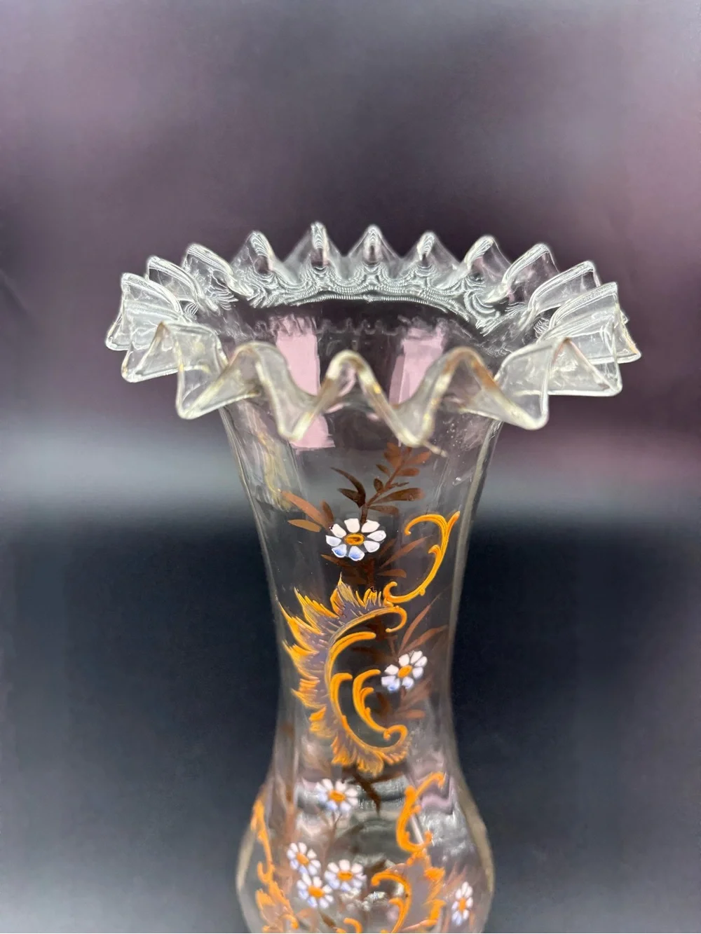 Antique Moser Handblown Handpainted Art Glass Fluted Vase